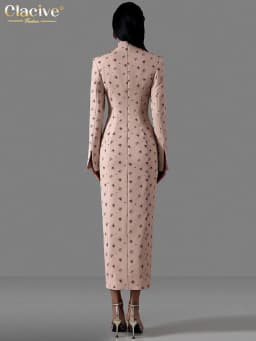 Clacive Fashion Slim Print Women's Dress 2026 Vintage Stand Collar Long Sleeve Midi Dresses Elegant Classic Slit Femlae Dress