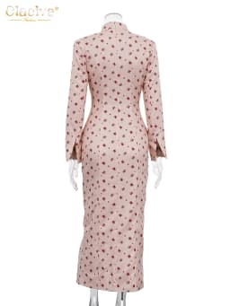 Clacive Fashion Slim Print Women's Dress 2026 Vintage Stand Collar Long Sleeve Midi Dresses Elegant Classic Slit Femlae Dress