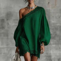 Elegant Lace Trim Mini Dress For Women Off Shoulder Long Puff Sleeves Fashion Date Night Evening Short Dresses Vestidos