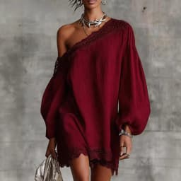 Elegant Lace Trim Mini Dress For Women Off Shoulder Long Puff Sleeves Fashion Date Night Evening Short Dresses Vestidos