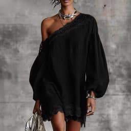 Elegant Lace Trim Mini Dress For Women Off Shoulder Long Puff Sleeves Fashion Date Night Evening Short Dresses Vestidos