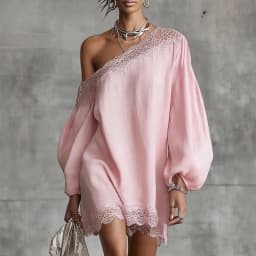 Elegant Lace Trim Mini Dress For Women Off Shoulder Long Puff Sleeves Fashion Date Night Evening Short Dresses Vestidos