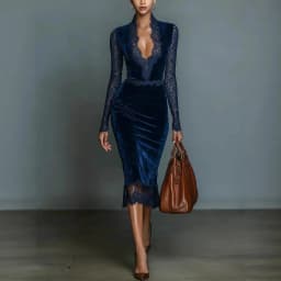 Elegant Women's Slim Dress Sexy Lece Sleeve Hollow Out Velvet Lace Splice Party Evening Vintage Casual Midi Dress for Spring