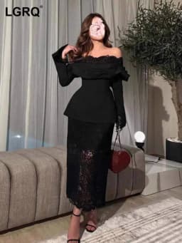 LGRQ 2026 Slash Collar Spring And Autumn Flare Sleeves Slim High Waist Women's Sexy Bodycon Off-Shoulder Lace Evening Dress