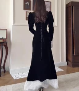 Women Dress 2026 Spring Autumn New Square Collar Long Sleeve Velvet Patchwork Lace Cinched Waist Elegant Temperament Long Dress