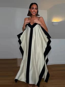 Contrast Black Trim Satin Maxi Dress Deep V Neck Loose Flowy Ruffle Hem Lady Long Gown 2026 Summer Formal Chic Vacation Dresses