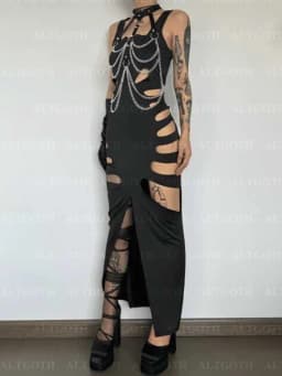 AltGoth Harajuku Gothic Dark Dress Women Streetwear Cyber Punk Y2k E-girl Grunge Sexy Hollow Out High Waist Bodycon Dress Female