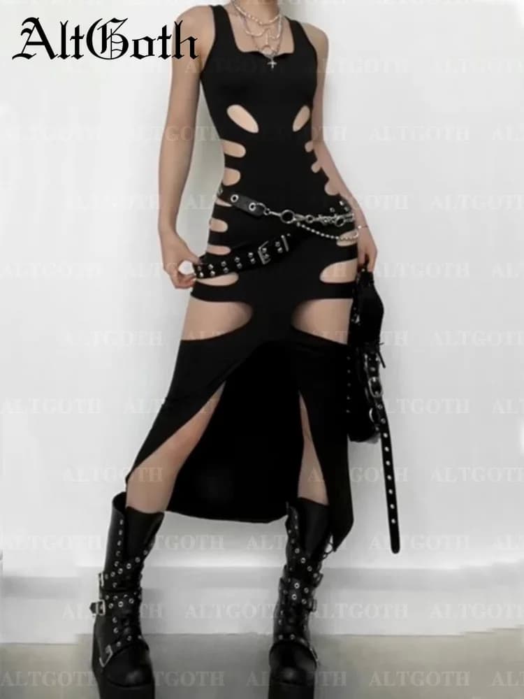 AltGoth Harajuku Gothic Dark Dress Women Streetwear Cyber Punk Y2k E-girl Grunge Sexy Hollow Out High Waist Bodycon Dress Female