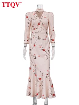 TTQV Sexy Loose Print Women's Dress 2026 Summer V-Neck Long Sleeve Ankle Length Dresses Elegant Classic High Waist Female Dress