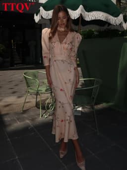 TTQV Sexy Loose Print Women's Dress 2026 Summer V-Neck Long Sleeve Ankle Length Dresses Elegant Classic High Waist Female Dress