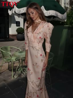 TTQV Sexy Loose Print Women's Dress 2026 Summer V-Neck Long Sleeve Ankle Length Dresses Elegant Classic High Waist Female Dress