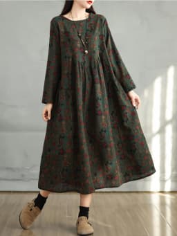 Cotton Vintage Print Floral Dresses 2026 Women Casual Loose Long Sleeve Dress Femme Robe Vestidos Elegant Spring Autumn Clothing