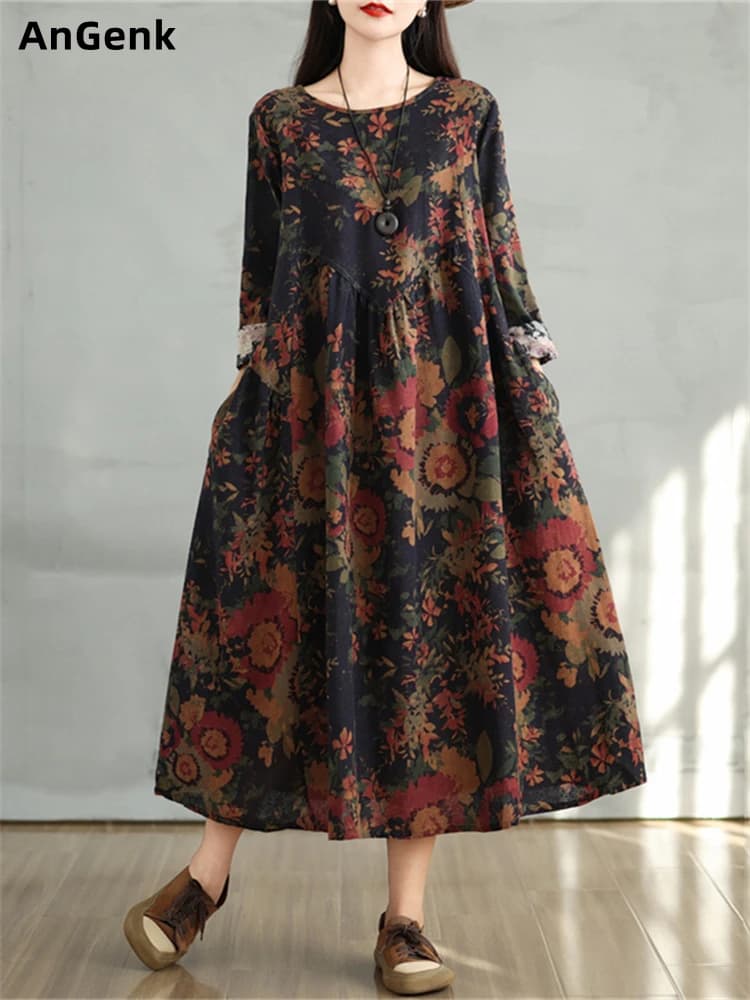 Cotton Vintage Print Floral Dresses 2026 Women Casual Loose Long Sleeve Dress Femme Robe Vestidos Elegant Spring Autumn Clothing