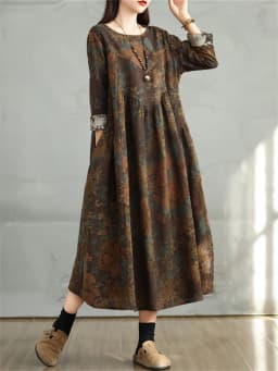 Cotton Vintage Print Floral Dresses 2026 Women Casual Loose Long Sleeve Dress Femme Robe Vestidos Elegant Spring Autumn Clothing