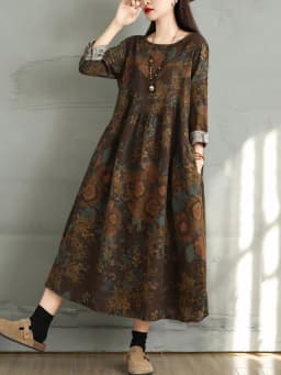 Cotton Vintage Print Floral Dresses 2026 Women Casual Loose Long Sleeve Dress Femme Robe Vestidos Elegant Spring Autumn Clothing