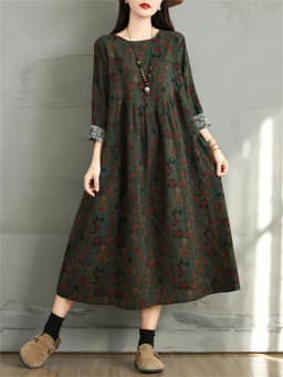 Cotton Vintage Print Floral Dresses 2026 Women Casual Loose Long Sleeve Dress Femme Robe Vestidos Elegant Spring Autumn Clothing