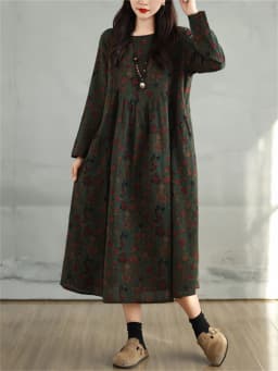 Cotton Vintage Print Floral Dresses 2026 Women Casual Loose Long Sleeve Dress Femme Robe Vestidos Elegant Spring Autumn Clothing