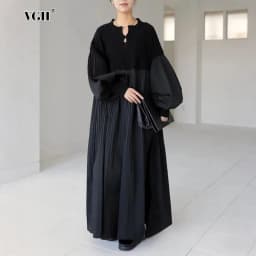 CHICEVER Patchwork Sweater Loose Long Dresses for Women Round Neck Hollow Out with Button Lantern Sleeve Casual Dress Female New
