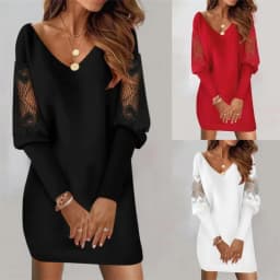 Fashion V-neck Lace Parchwork Long Sleeve Mini Dress Women 2024 Autumn Sexy Elegant Black Office Solid Dresses For Women Spring