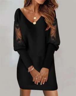 Fashion V-neck Lace Parchwork Long Sleeve Mini Dress Women 2024 Autumn Sexy Elegant Black Office Solid Dresses For Women Spring
