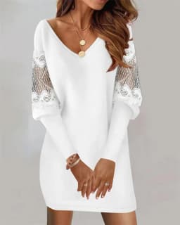 Fashion V-neck Lace Parchwork Long Sleeve Mini Dress Women 2024 Autumn Sexy Elegant Black Office Solid Dresses For Women Spring