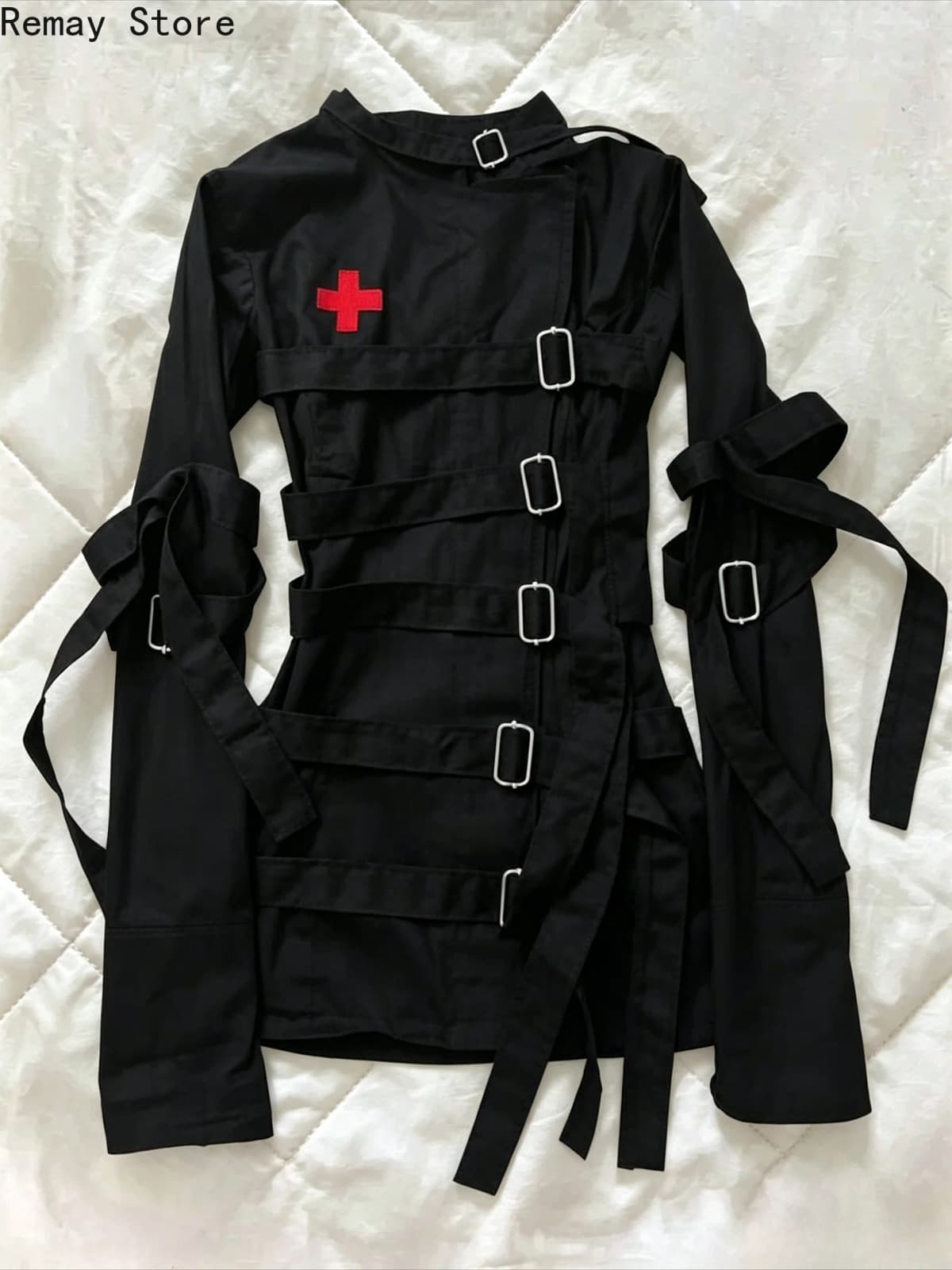 Gothic Dark 2000s Aesthetic Women's Dress Subculture Vintage Cross-shaped Metal Fastener Long-sleeved Harajuku Japanese Dresses