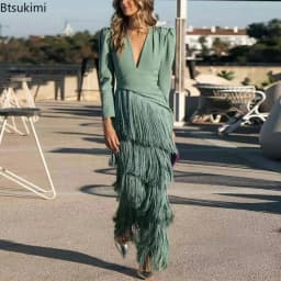 New 2026 French Elegant Deep V Neck Prom Dresses for Women Spring Fashion Spliced Tassel Dress Woman Long Sleeve Slim Maxi Dress