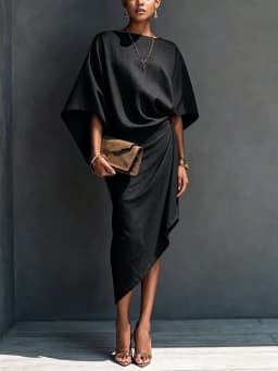 Elegant Women Linen Dress Batwing Sleeve Draped Wrap Design Asymmetrical Midi Dress Loose Fit Summer Office Evening Party Outfit