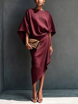 Elegant Women Linen Dress Batwing Sleeve Draped Wrap Design Asymmetrical Midi Dress Loose Fit Summer Office Evening Party Outfit