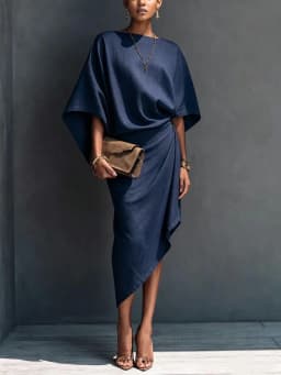 Elegant Women Linen Dress Batwing Sleeve Draped Wrap Design Asymmetrical Midi Dress Loose Fit Summer Office Evening Party Outfit