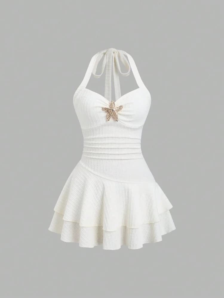Sweetheart Neck Starfish Front Halter Dress for Women Summer Sexy Elegant Backless A-line Pleating Dresses