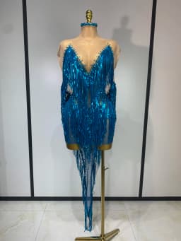 Sexy Sparkly Rhinestone Sequins Tassel Mesh Transparent Dress Women Evening Birthday Party Nightclub Dance Singer Stage Outfit