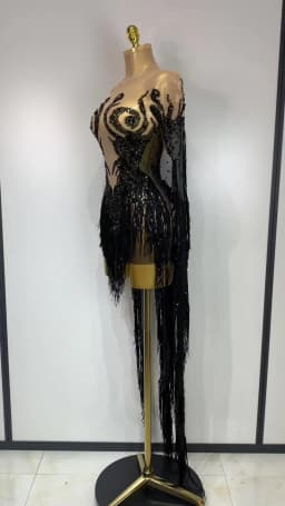 Sexy Sparkly Rhinestone Sequins Tassel Mesh Transparent Dress Women Evening Birthday Party Nightclub Dance Singer Stage Outfit