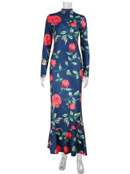 CNYISHE Flower Prints O Neck Women Dresses Sheath Trendy Fashion Elegant Evening Party Outfits Female Bodycon Long Sleeve Robes