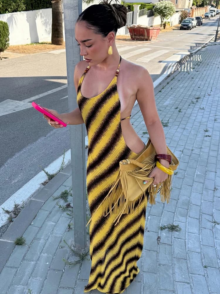 Nibber Patchwork Hottie Dress Women Sexy Cross Backless Fashion Striped Print Bead Sleeveless Beach Party Vacation Party Bodycon