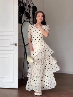 French Elegant Women's Polka Dot Dress Summer Fashion Retro V-neck Slim Short Sleeve Layered Ruffle Edge Lace-up Long Dresses