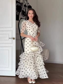 French Elegant Women's Polka Dot Dress Summer Fashion Retro V-neck Slim Short Sleeve Layered Ruffle Edge Lace-up Long Dresses