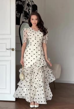 French Elegant Women's Polka Dot Dress Summer Fashion Retro V-neck Slim Short Sleeve Layered Ruffle Edge Lace-up Long Dresses