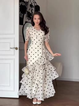 French Elegant Women's Polka Dot Dress Summer Fashion Retro V-neck Slim Short Sleeve Layered Ruffle Edge Lace-up Long Dresses