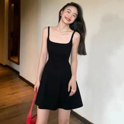 A Line Sleeveless Black Dresses Women Square Collar Spaghetti Strap Mini Dress Woman 2025 Streetwear Fashion Party Dress Female