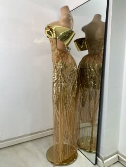 Flashing Gold Long Party Dress Luxury Diamonds Sequins See Thourgh Birthday Gown Sexy Off Shoulder Performance Singer Costume