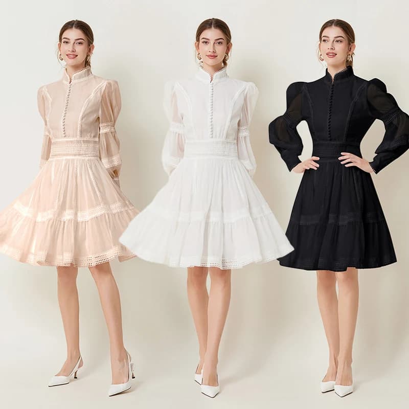 2024 French Elegant Lace Splicing Waist Lantern Sleeve Dress Vintage High Collar Princess Dress Organza Cocktail Women's Wear