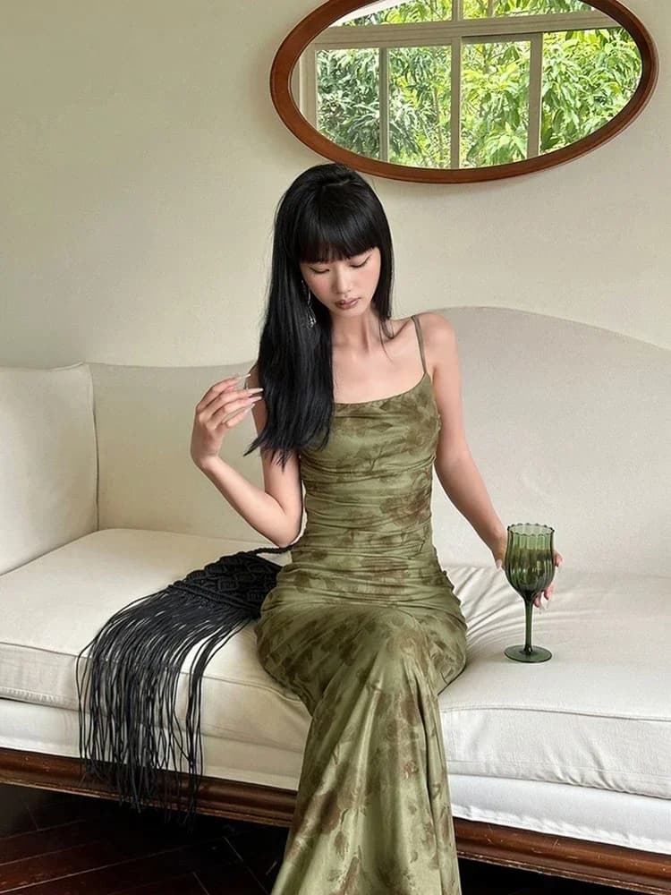 Retro Printed Camis Dress Women Summer Sexy Slim Spaghetti Straps Backless Party Dress Korean Chic Elegant Beach Vestidos New