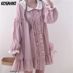 KOSAHIKI 2026 Summer Cute Dress Women Harajuku Pink Ladies Ruffle Lace Patch Kawaii Dresses Lolita Cosplay Sweet Loose Vestidos
