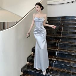 Elegant Fishbone Splice Satin Dress Sexy Waist Cinching Bodycon Strapless Gown for Women High Waist Spring Party Stage Wear