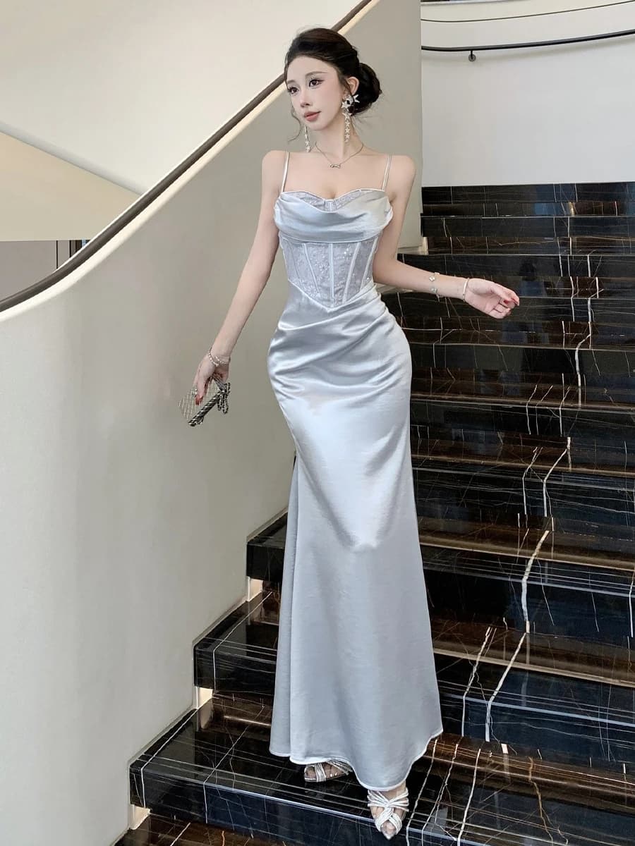 Elegant Fishbone Splice Satin Dress Sexy Waist Cinching Bodycon Strapless Gown for Women High Waist Spring Party Stage Wear