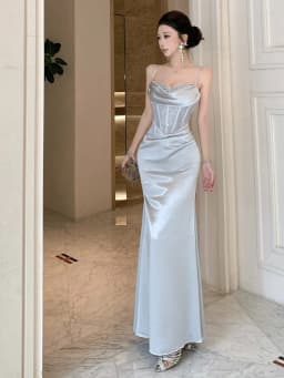 Elegant Fishbone Splice Satin Dress Sexy Waist Cinching Bodycon Strapless Gown for Women High Waist Spring Party Stage Wear