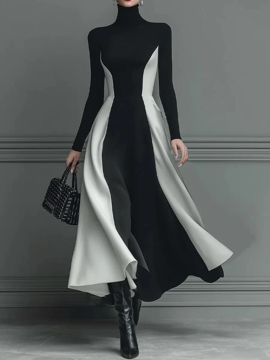 Elegant Black White Patchwork Maxi Dresses Women Fashion Turtleneck Long Sleeves Slim Dress New Female Evening Party Robes
