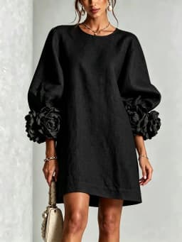 Vintage Solid Women Cocktail Dresses 3D Floral Cuff Decor 3/4 Sleeves Prom Dress Elegant Casual Party Wedding Guest Mini Dress
