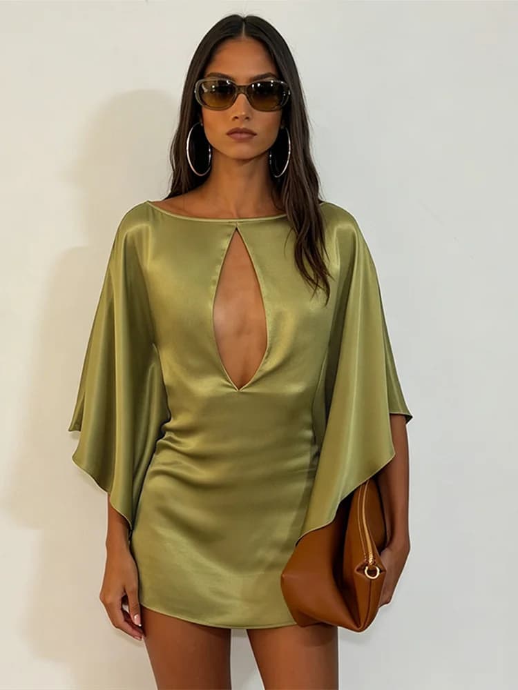 Sexy Satin Mini Dress Women O Neck Batwing Sleeves Hollow Out High Waist Vestidos Female 2026 Summer New Chic Fashion Dresses